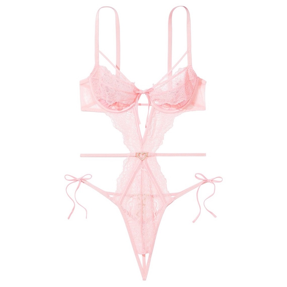 Victoria's Secret Wicked Unlined Lace Shine Heartware Crotchless Teddy